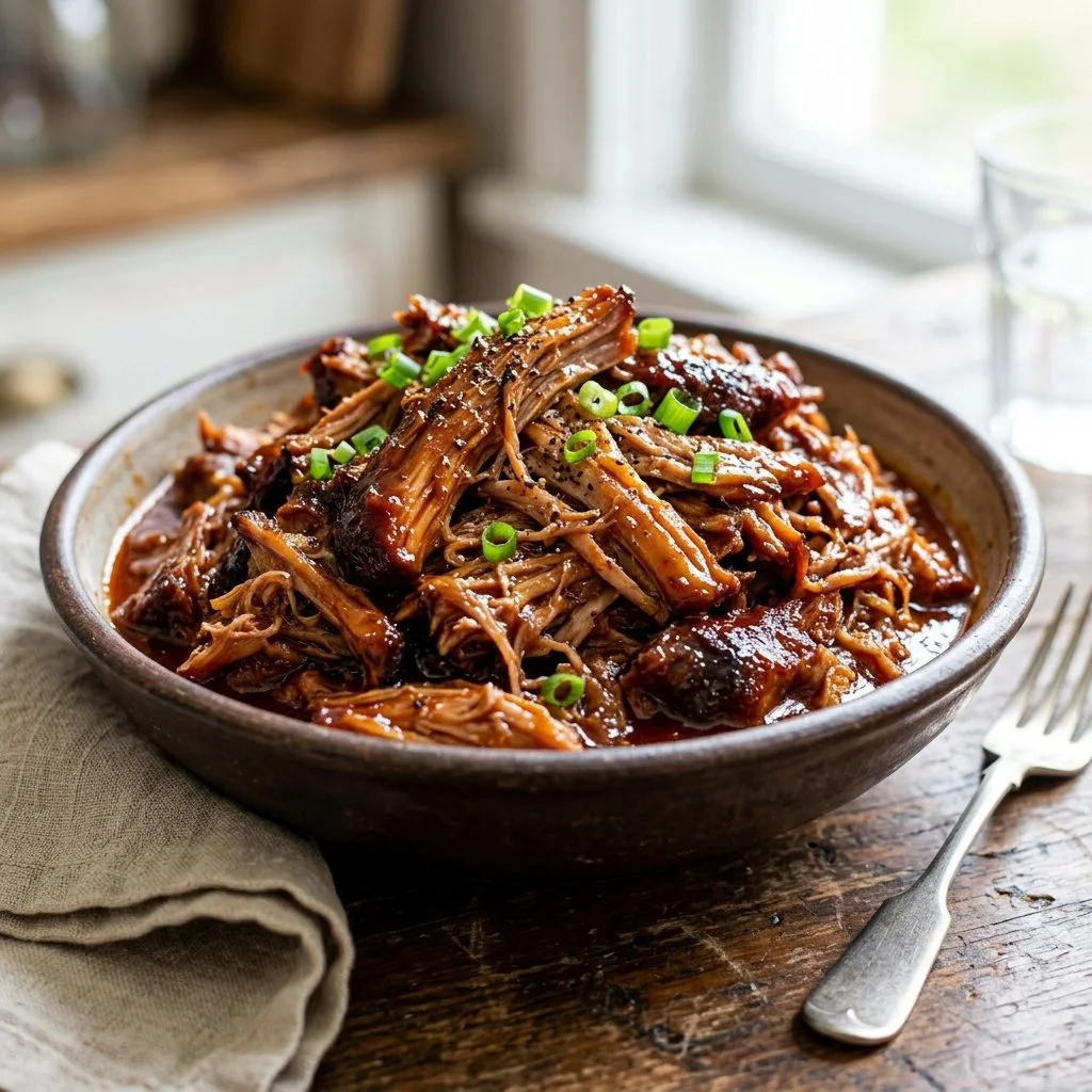 Delicious Slow Cooker Pulled Pork served with coleslaw and BBQ sauce