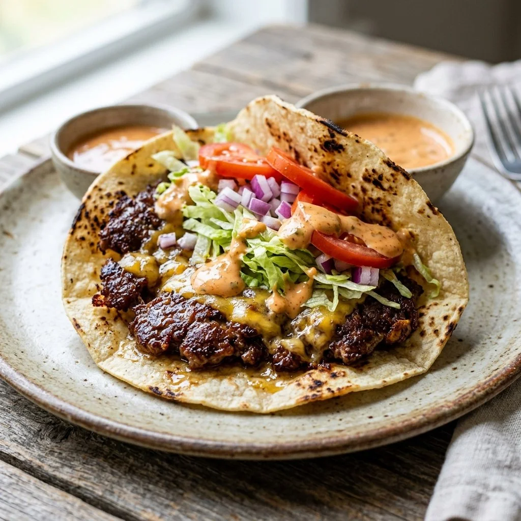 Smash burger tacos featuring juicy beef patties in a taco shell.