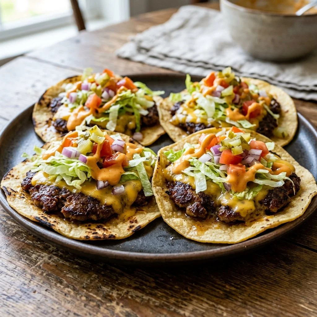 Delicious Smash Burger Tacos served with fresh toppings and sauces.