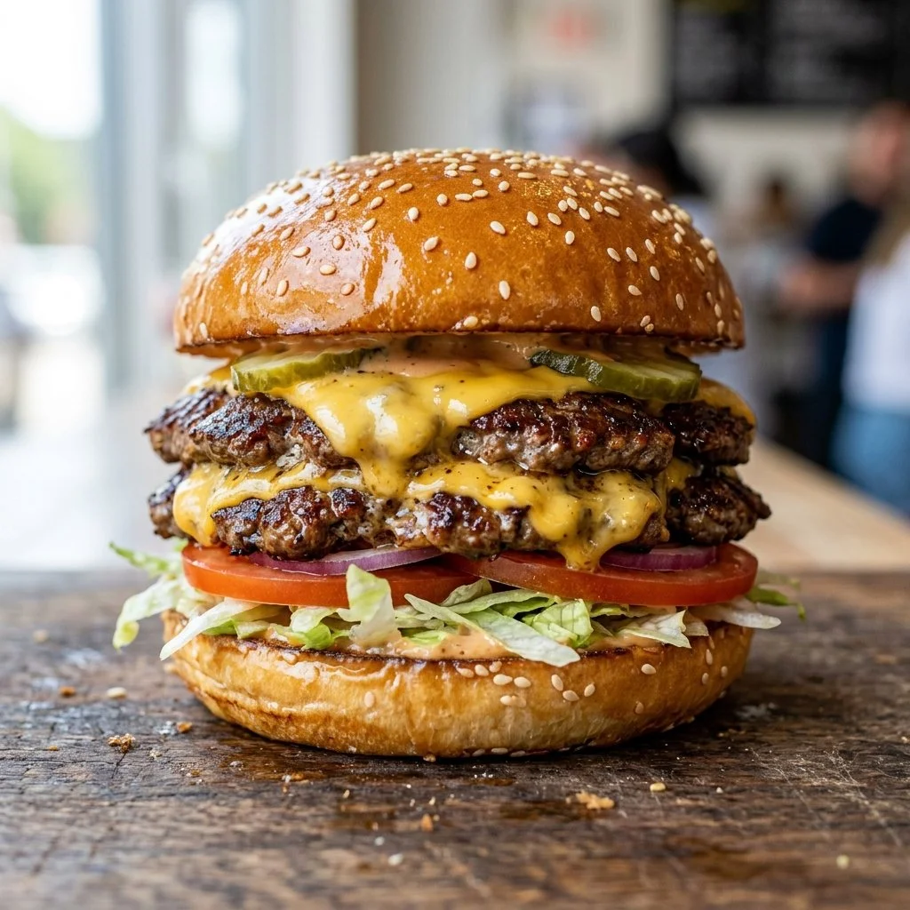 Delicious homemade smash burgers with toppings on a grill plate.