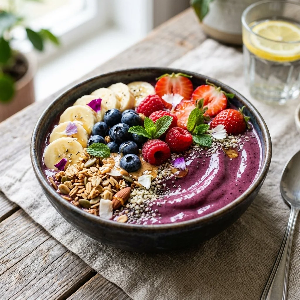 Colorful smoothie bowl topped with fresh fruits and granola.