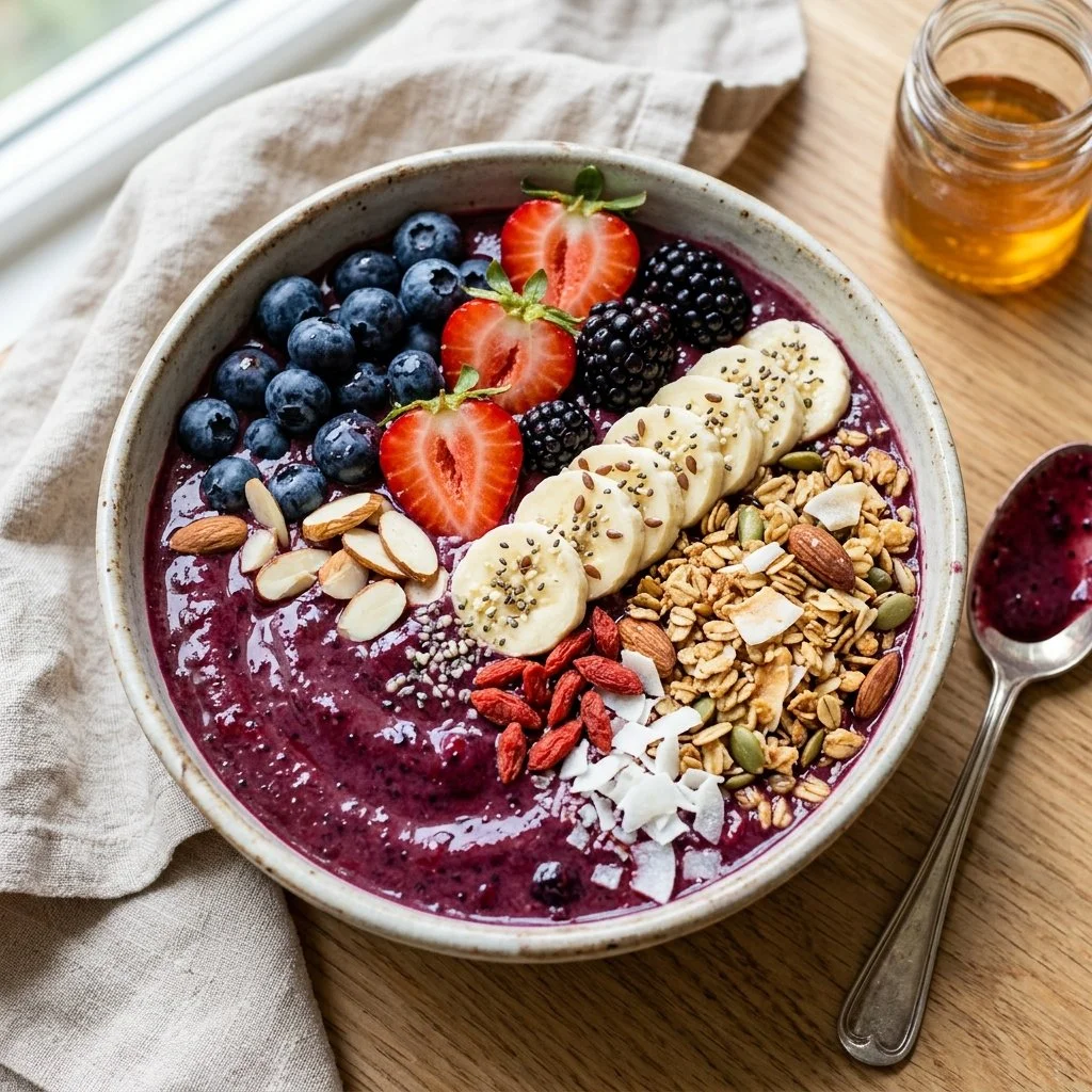 Colorful smoothie bowls topped with fresh fruits, nuts, and seeds.