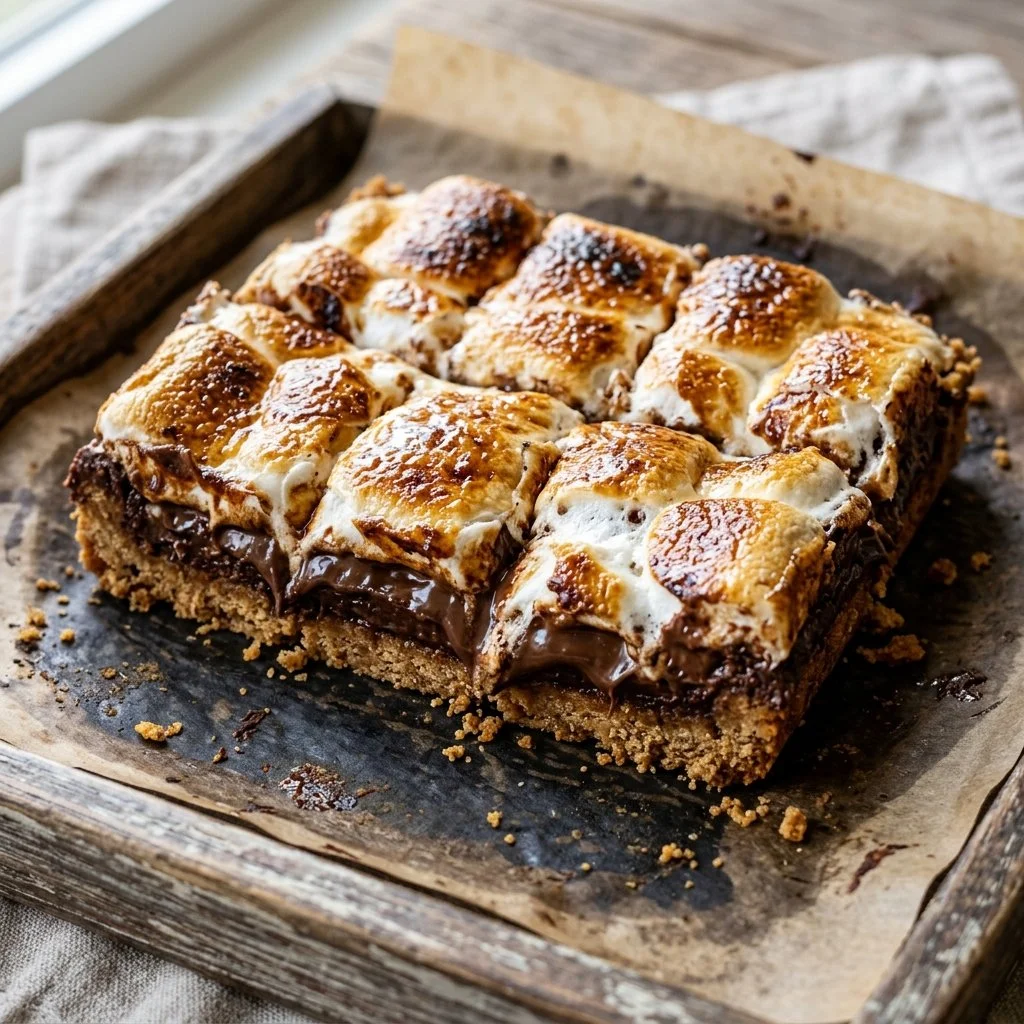 Delicious homemade S'mores Bars with chocolate, marshmallow, and graham cracker.