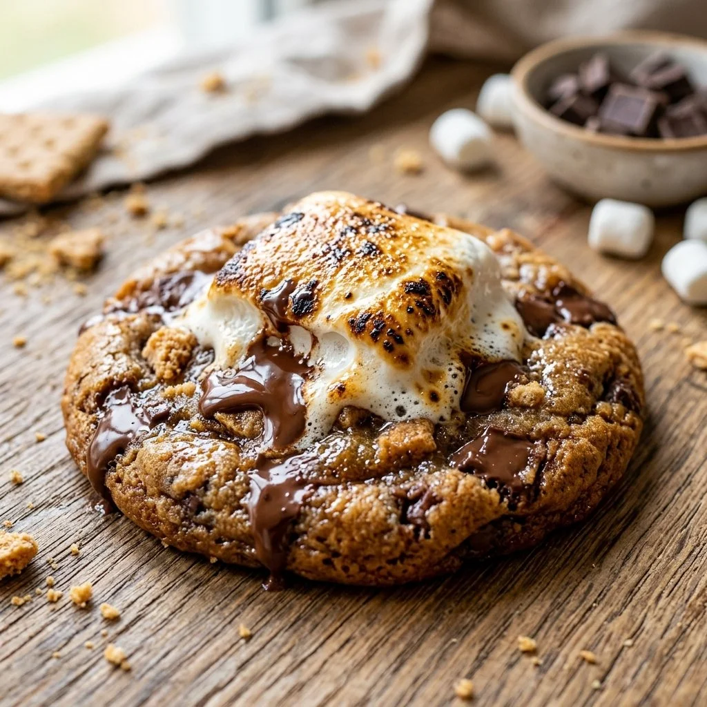 Delicious homemade S'mores Cookies with melted chocolate and marshmallows