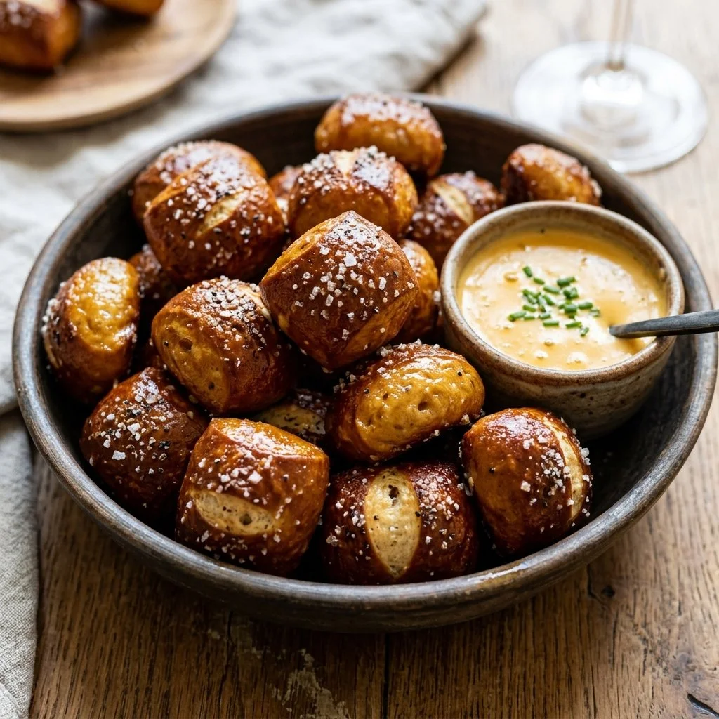 Freshly baked soft pretzel bites served with dipping sauce