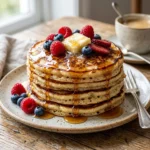 Fluffy sourdough pancakes topped with fresh berries and syrup