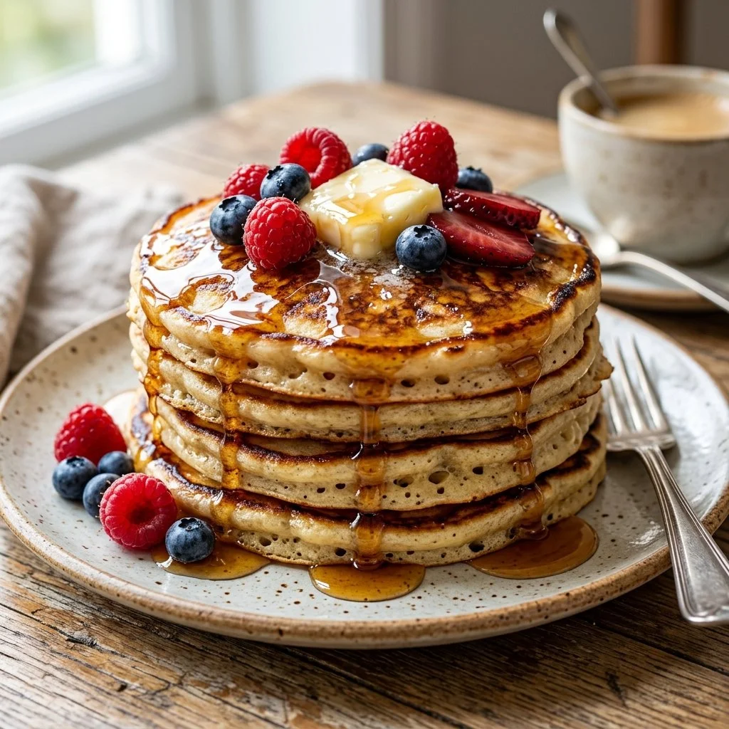 Fluffy sourdough pancakes topped with fresh berries and syrup