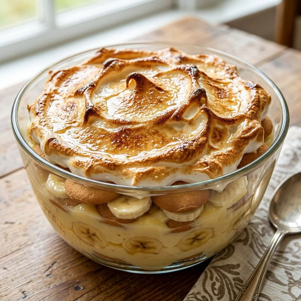 Delicious Southern banana pudding with bananas, vanilla wafers, and whipped cream.