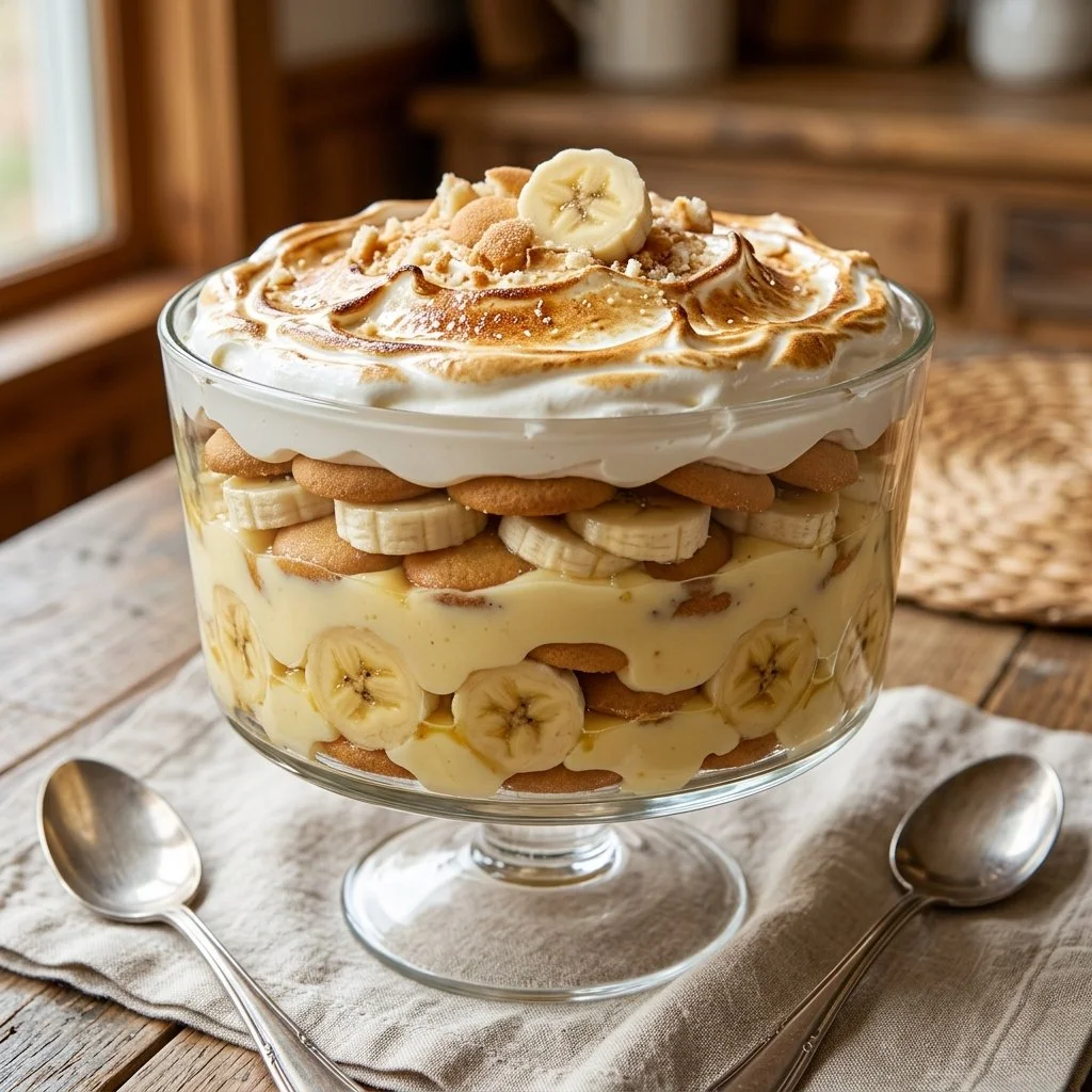 A bowl of creamy Southern banana pudding garnished with vanilla wafers and banana slices.