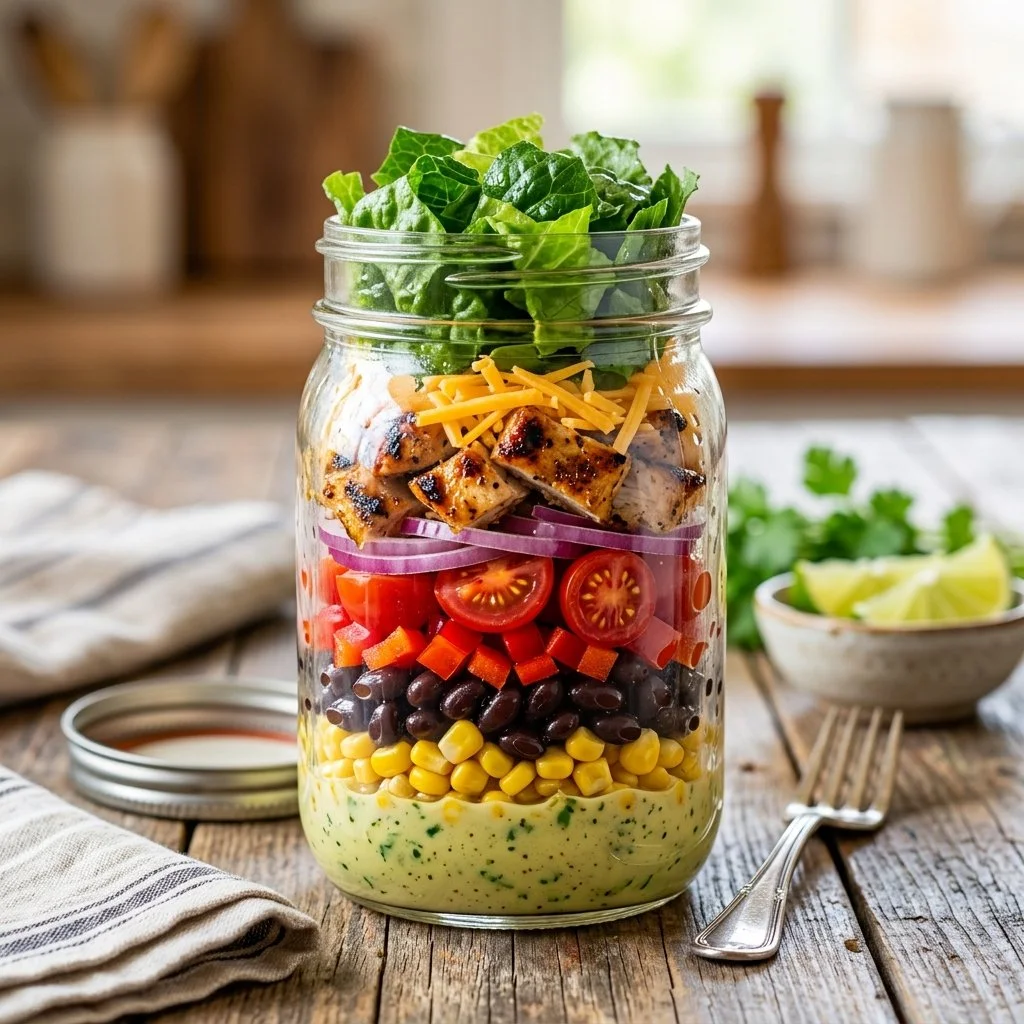 Southwest Mason Jar Salad with layers of fresh vegetables and dressing
