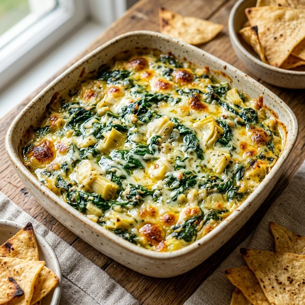 Creamy Spinach Artichoke Dip served in a bowl with tortilla chips