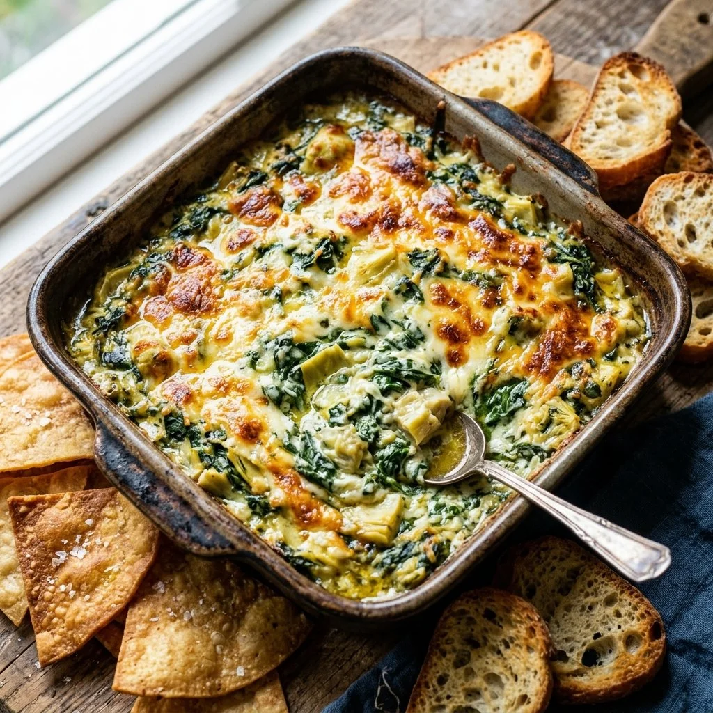 Creamy Spinach Artichoke Dip served in a bowl with tortilla chips