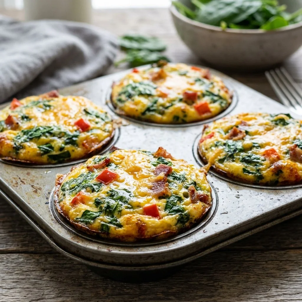 Healthy Spinach Egg Muffins baked in a muffin tray, perfect for breakfast.