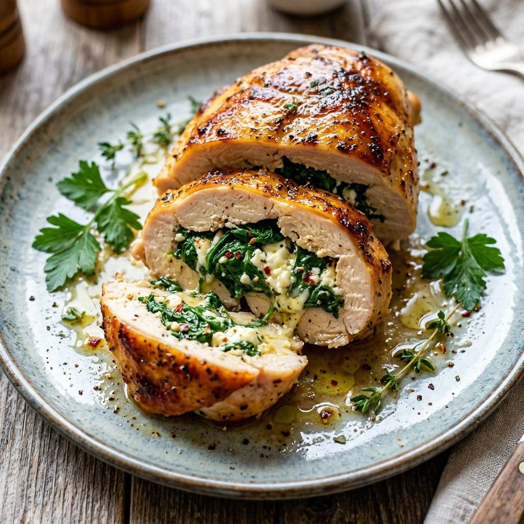 Spinach feta stuffed chicken dish served on a plate