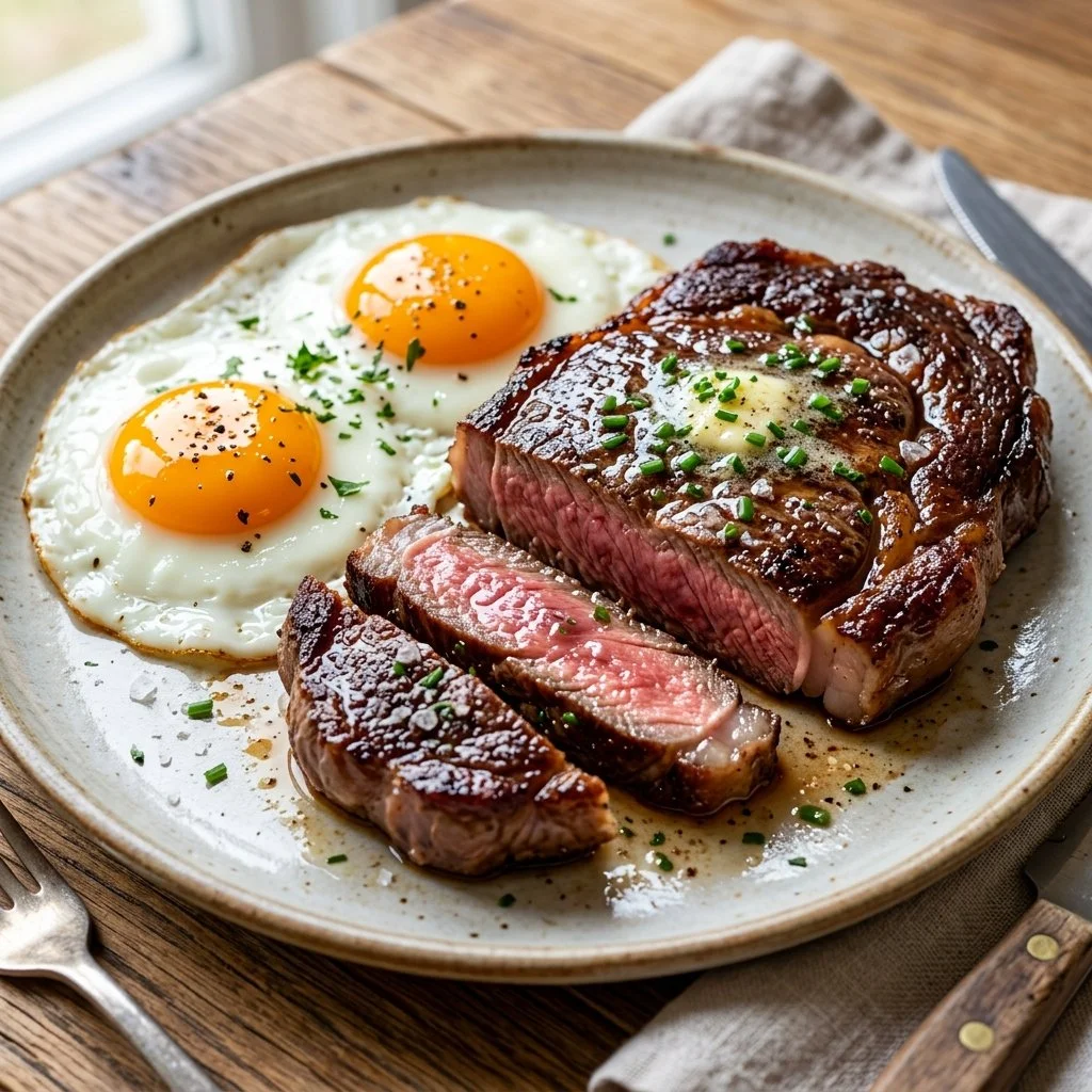 Delicious steak and eggs breakfast served on a plate.