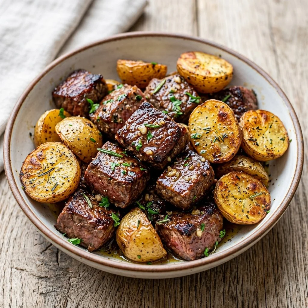Flavorful steak bites served with golden potatoes