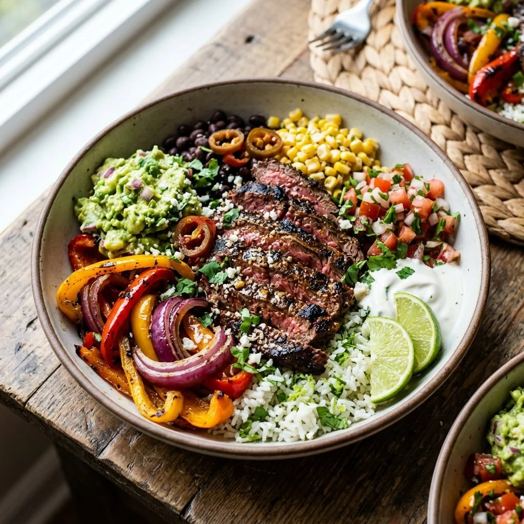 Colorful Steak Fajita Bowl with marinated steak and fresh vegetables