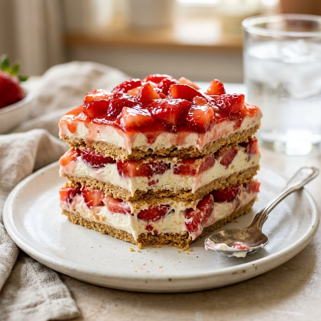 Delicious homemade Strawberry Icebox Cake layered with fresh strawberries and cream