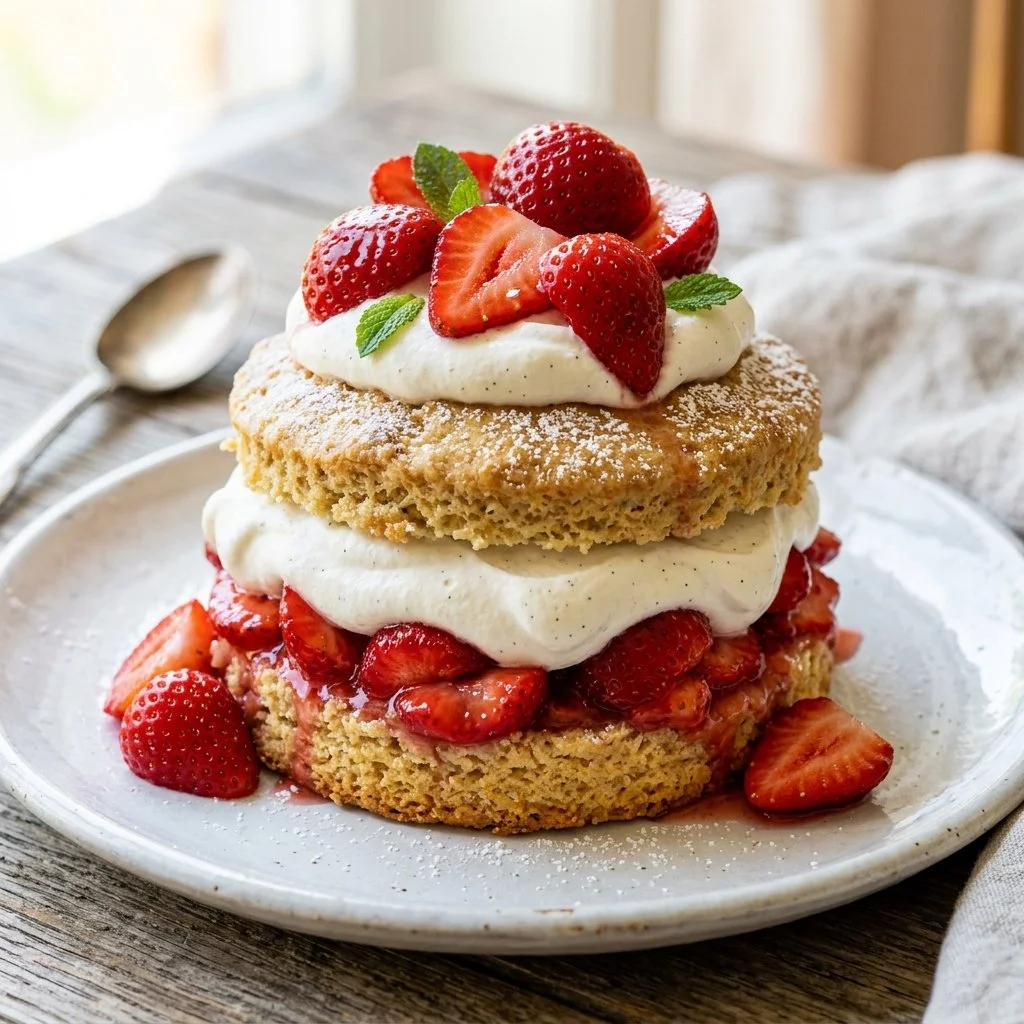 Delicious strawberry shortcake dessert with fresh strawberries and whipped cream