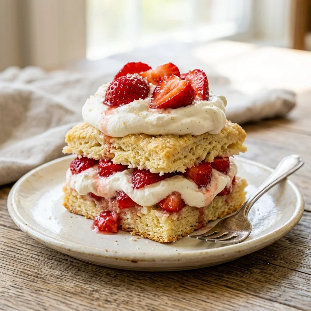 Delicious Strawberry Shortcake with strawberries and whipped cream served on a plate