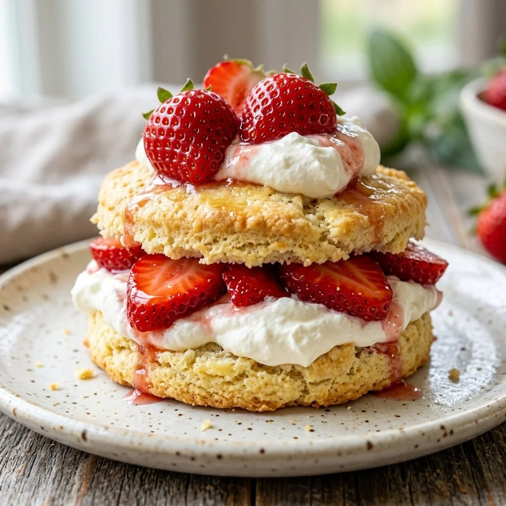 Delicious slice of strawberry shortcake with fresh strawberries on top