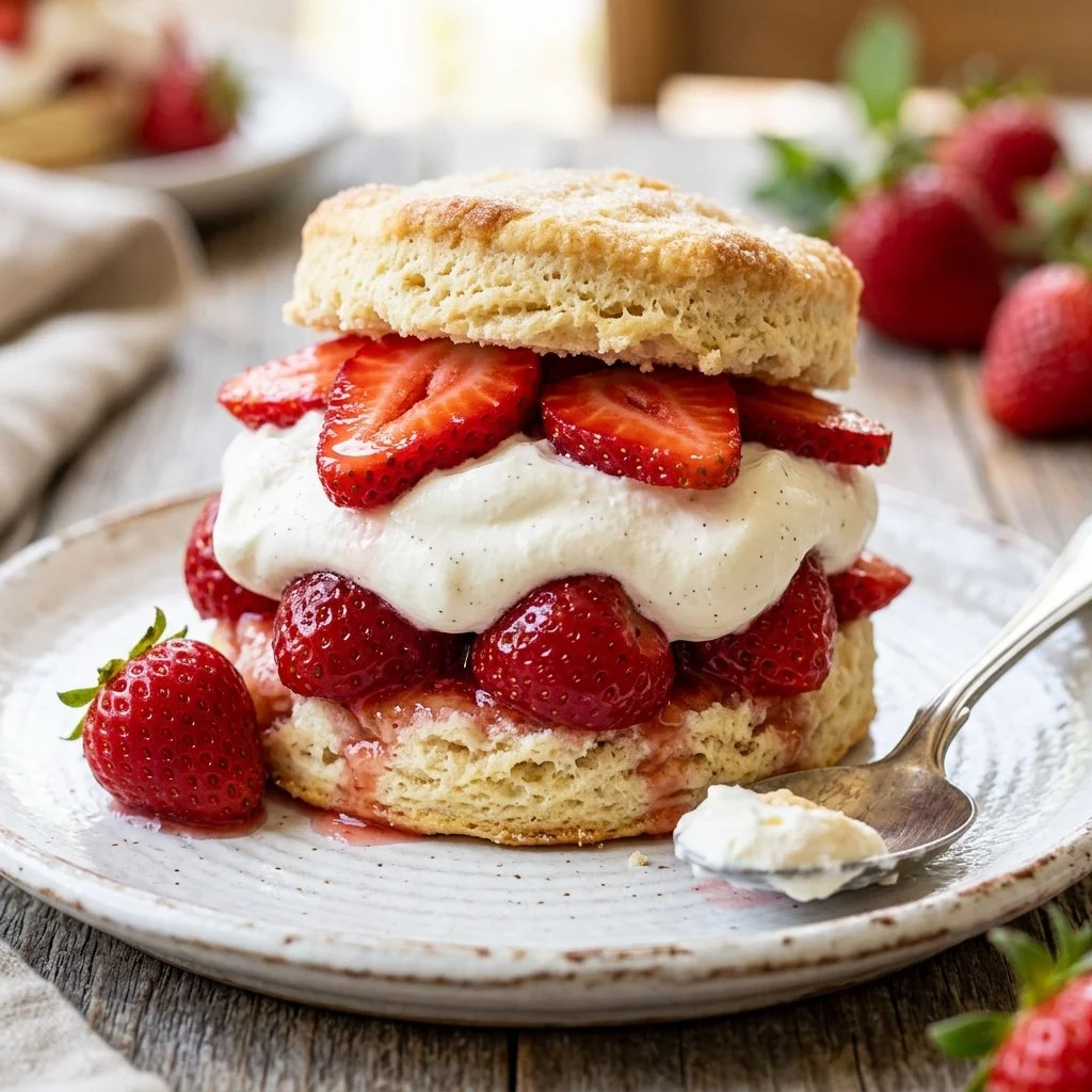 Delicious homemade Strawberry Shortcake with fresh strawberries and whipped cream