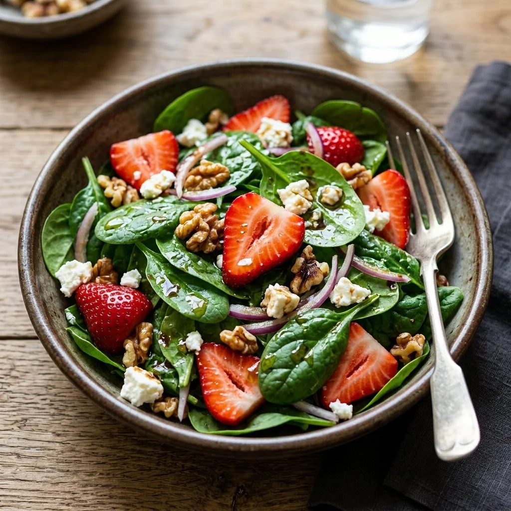 Fresh strawberry spinach salad with sliced strawberries and spinach leaves
