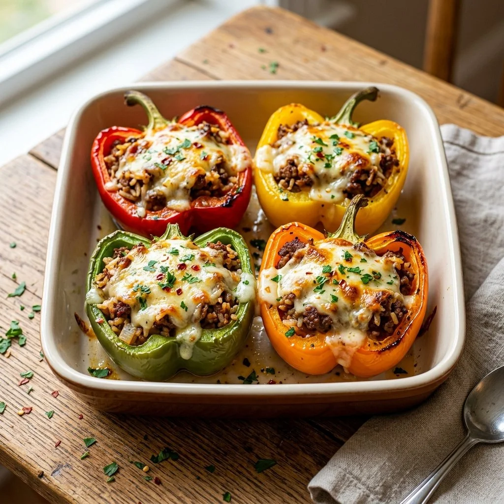 Colorful stuffed bell peppers filled with rice, vegetables, and seasonings