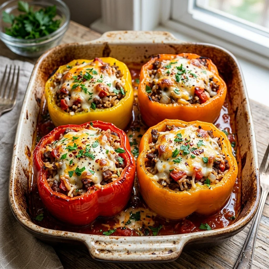 Delicious stuffed bell peppers filled with meat, rice, and herbs on a plate