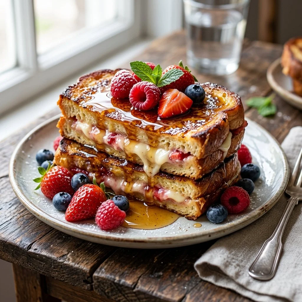 Deliciously stuffed French toast with creamy filling and syrup drizzle
