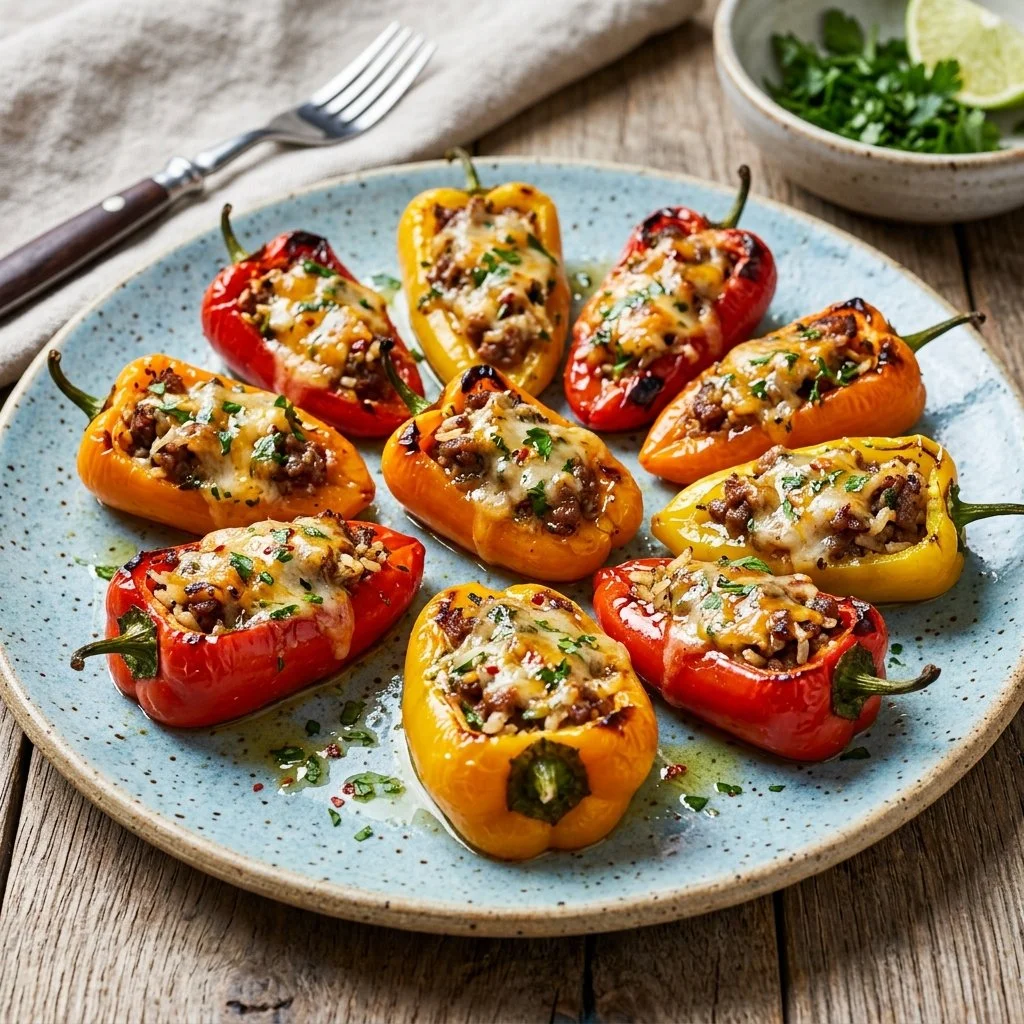 Colorful stuffed mini peppers filled with savory ingredients on a serving plate.