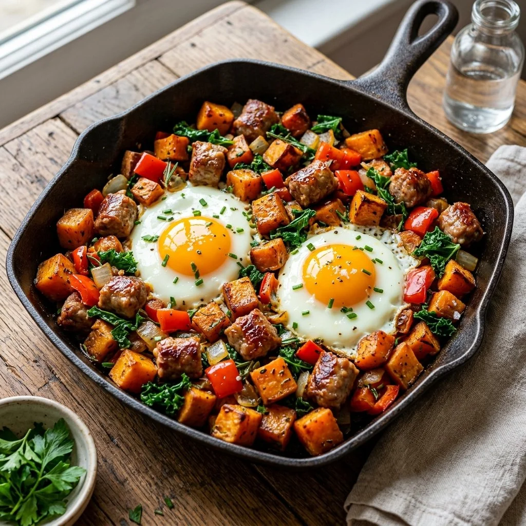 Delicious sweet potato breakfast hash with eggs and vegetables