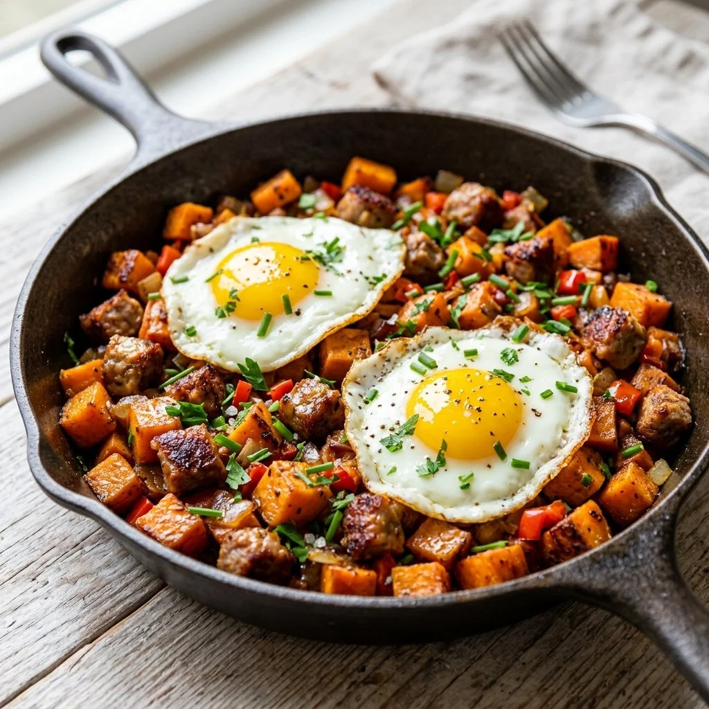 A colorful sweet potato breakfast hash with eggs and vegetables in a skillet.