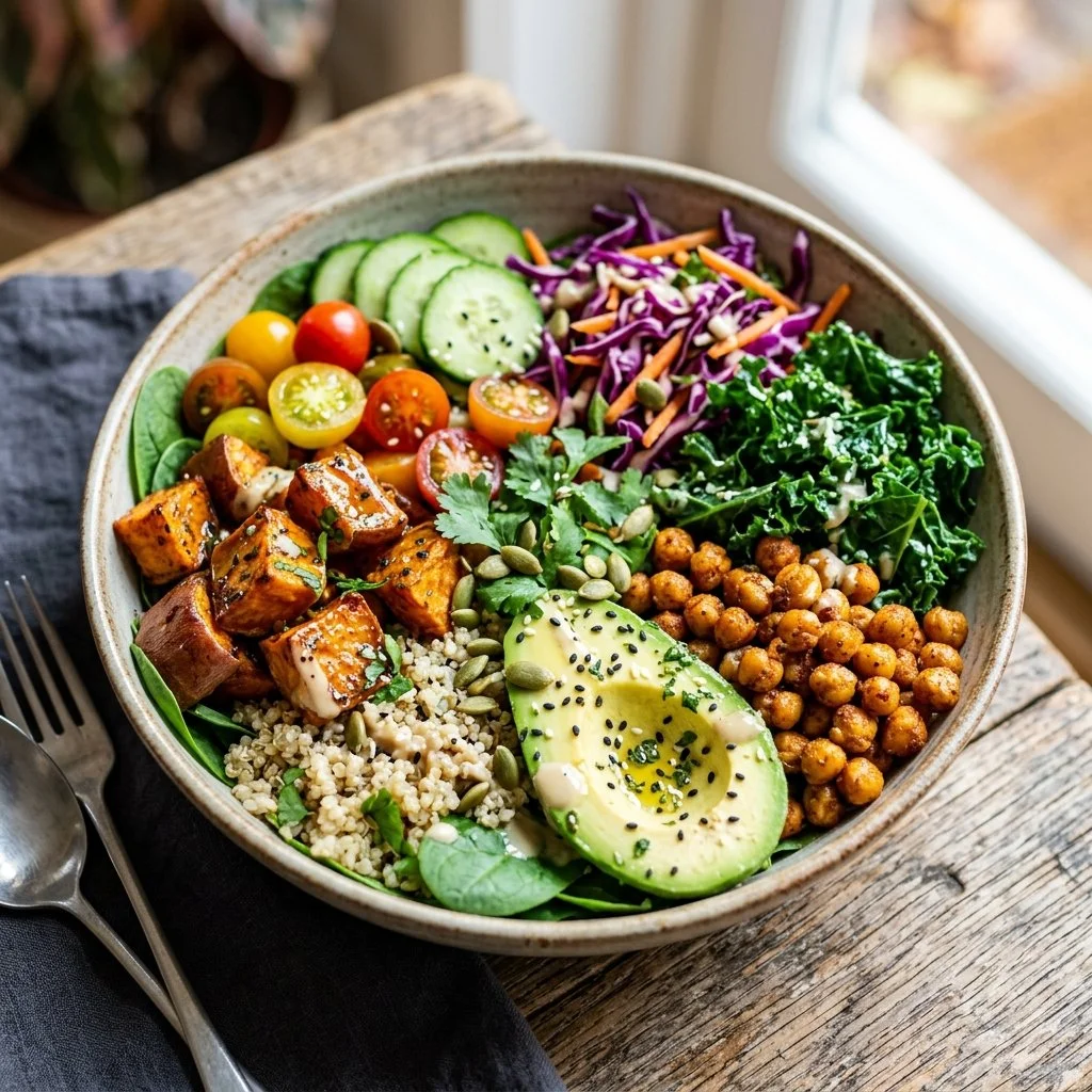 Colorful Sweet Potato Buddha Bowl topped with fresh vegetables and grains.