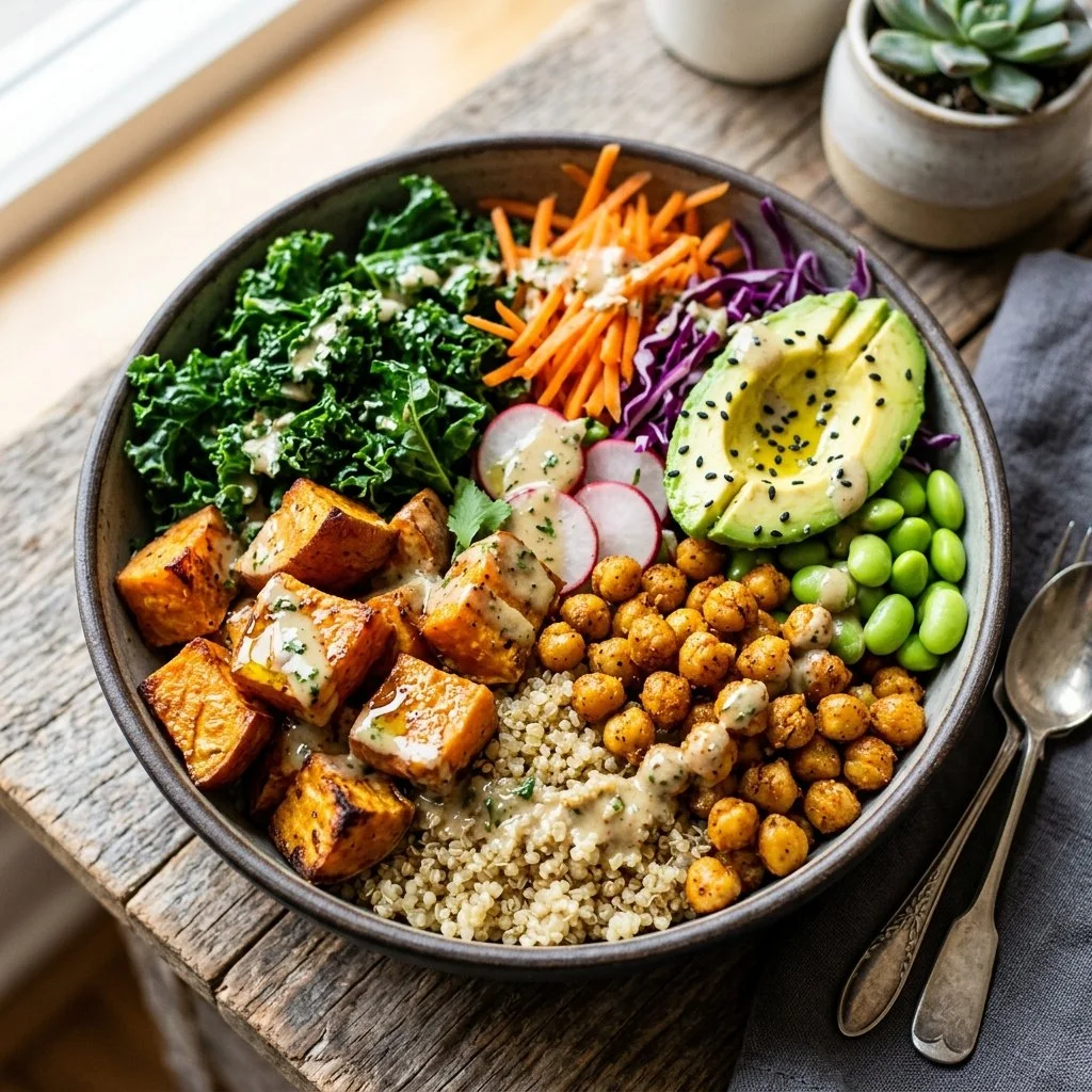 A vibrant Sweet Potato Buddha Bowl filled with fresh veggies and grains
