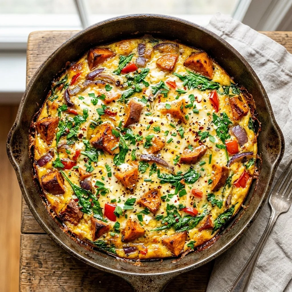 Delicious sweet potato frittata served on a plate, garnished with herbs.