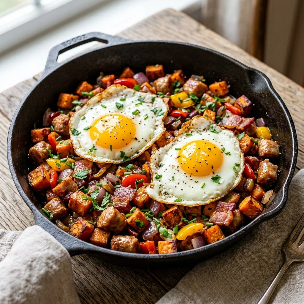 A colorful dish of sweet potato hash with eggs and vegetables on a plate.