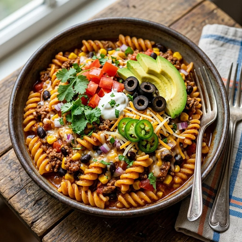 A delicious serving of Taco Pasta topped with cheese and cilantro.