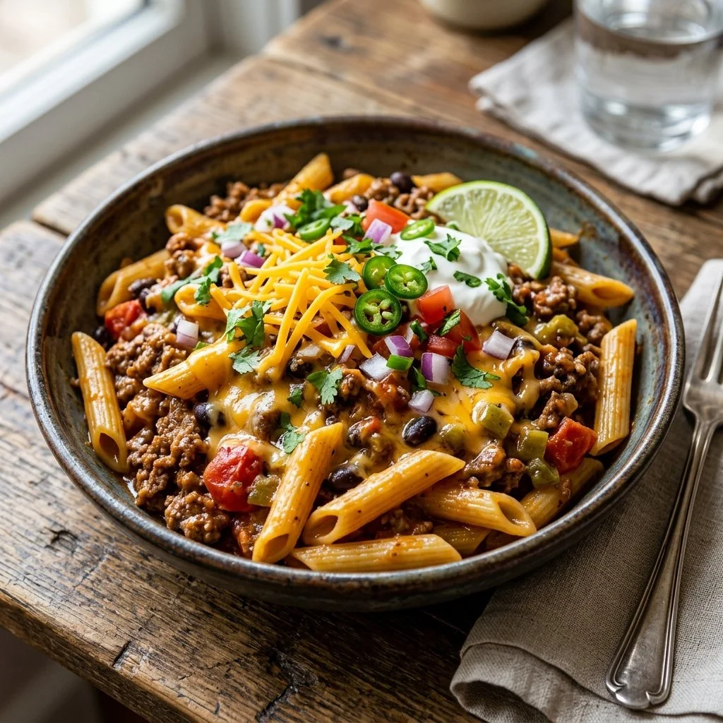 Delicious Taco Pasta served in a bowl with garnishes