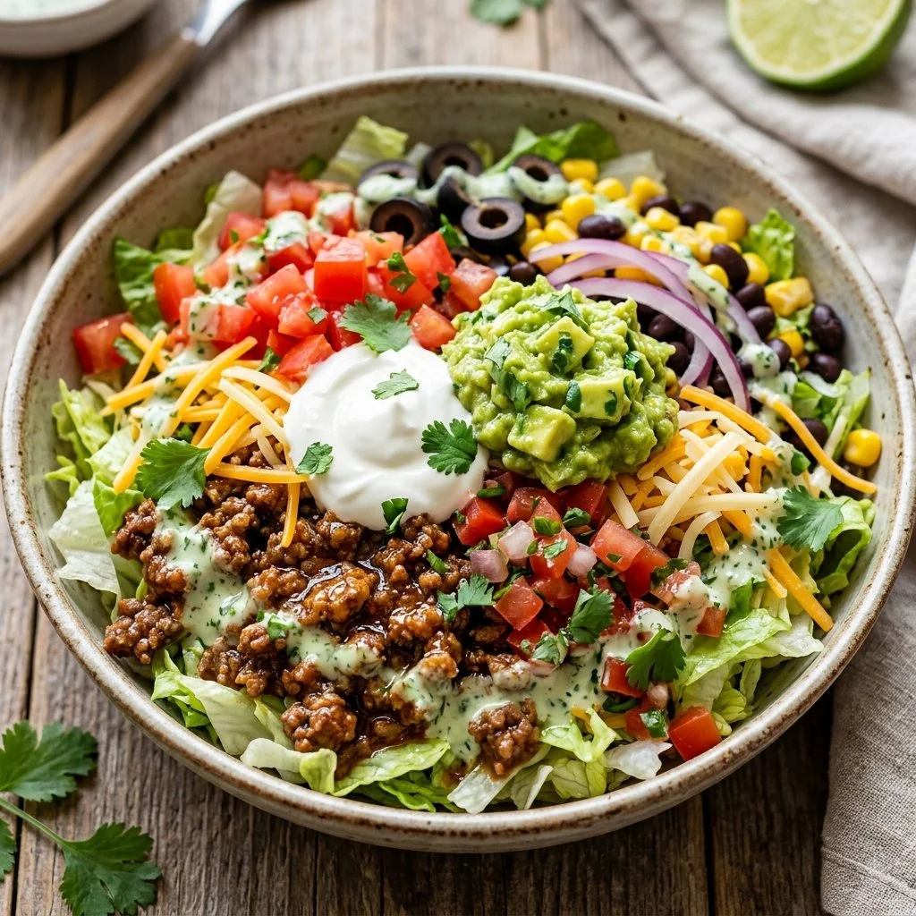 Colorful and tasty taco salad bowls featuring fresh ingredients and toppings.