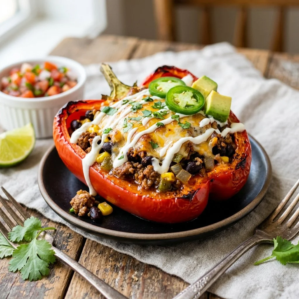 Taco stuffed peppers filled with savory meat and vegetables, ready to enjoy.