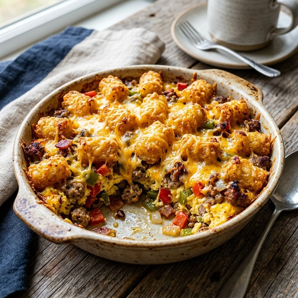 Tater tot breakfast casserole with cheese and toppings baked to perfection.