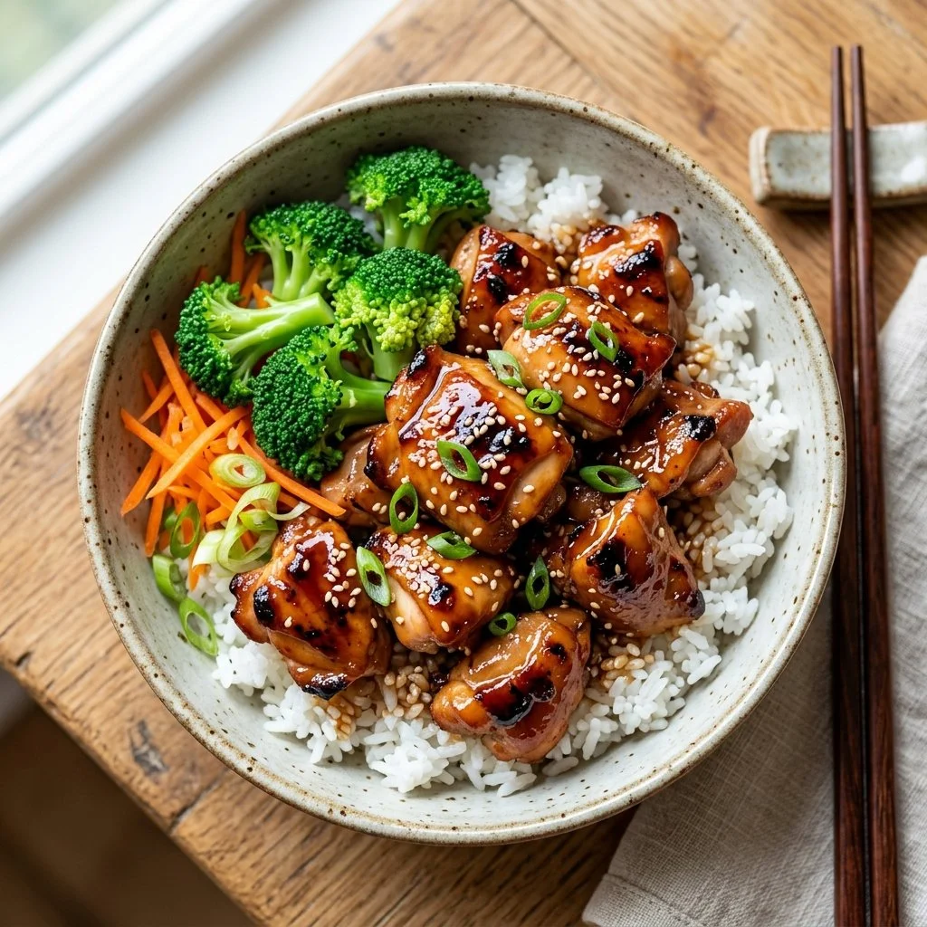Delicious teriyaki chicken bowl with rice and vegetables