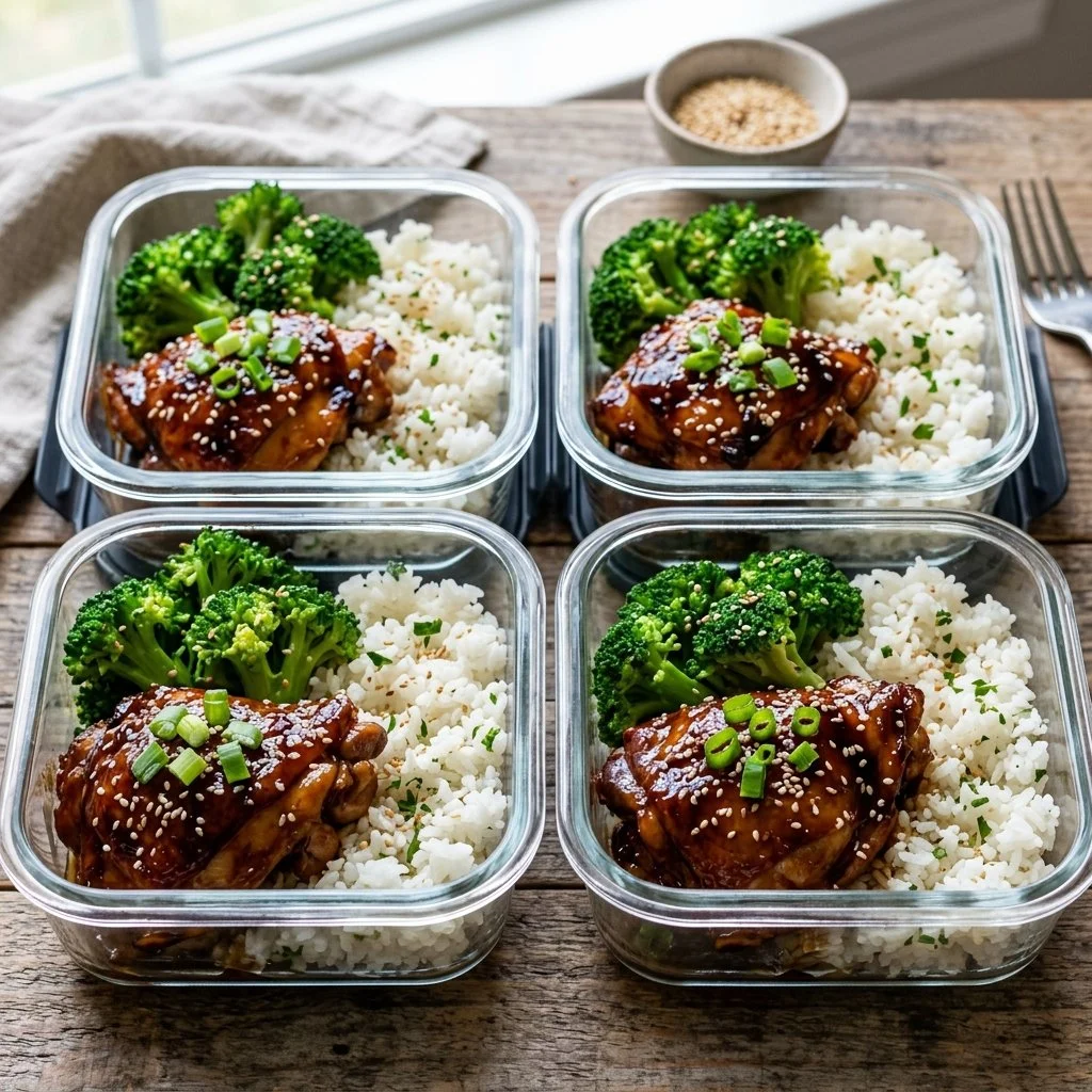 Delicious Teriyaki Chicken Meal Prep in meal containers with vegetables and rice.