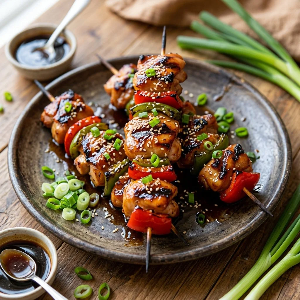 Grilled teriyaki chicken skewers with colorful bell peppers on a plate.