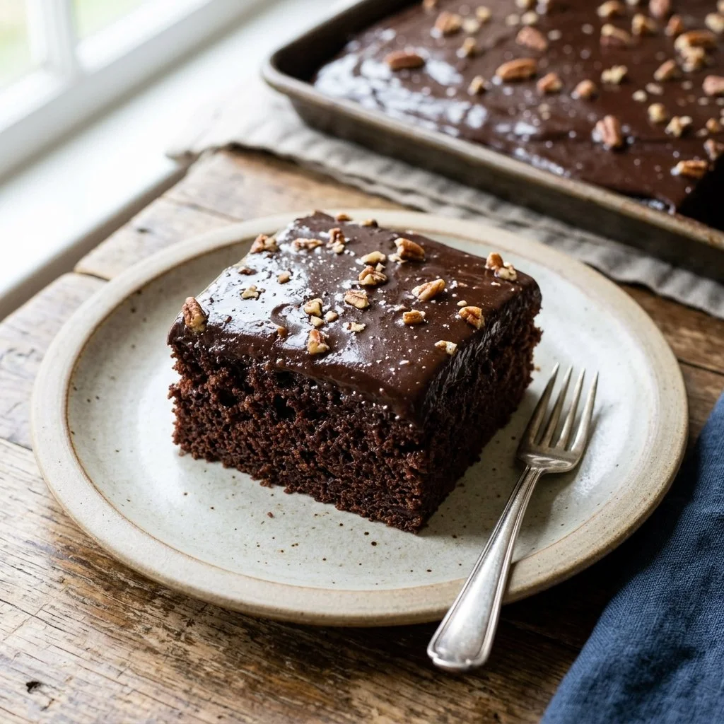 Delicious Texas Sheet Cake with chocolate frosting and sprinkles