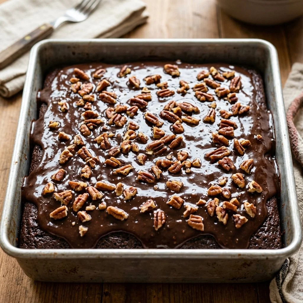 Delicious homemade Texas Sheet Cake with chocolate frosting and nuts