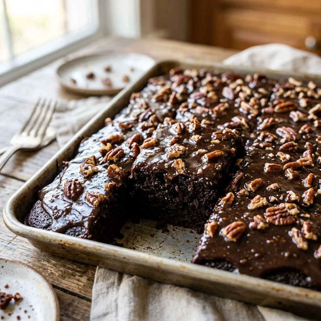 Delicious slice of Texas Sheet Cake with chocolate frosting and nuts