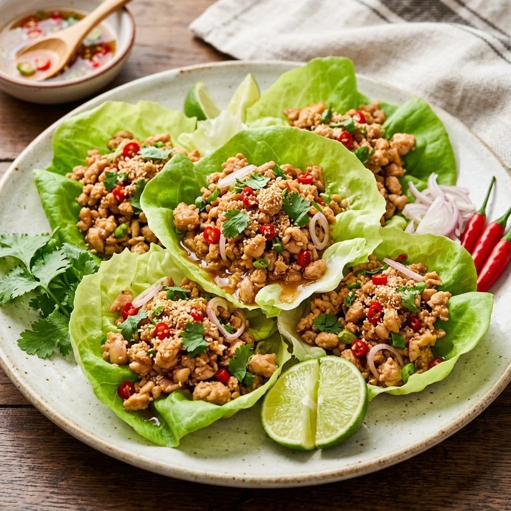 Thai Chicken Lettuce Wraps served on a plate with fresh ingredients
