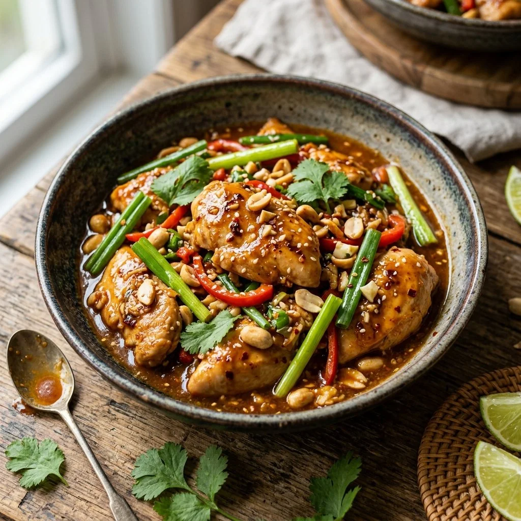 Delicious Thai Peanut Chicken served with fresh vegetables and peanut sauce.